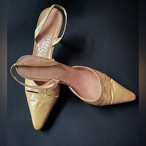 Salvatore Ferragamo Camel Leather Slingback Kitten Heels